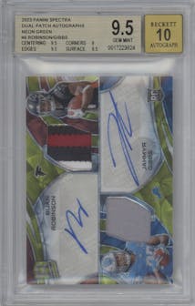 Bijan Robinson/Jahmyr Gibbs from the 2023 Panini Spectra set featuring a Neon Green parallel graded by Beckett and given an overall grade of 9.5.