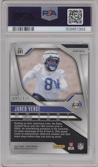 Jared Verse from the 2024 Panini Prizm set featuring a Purple Prizm parallel graded by PSA and given an overall grade of 8.