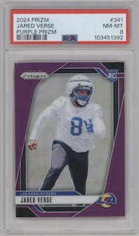 Jared Verse from the 2024 Panini Prizm set featuring a Purple Prizm parallel graded by PSA and given an overall grade of 8.