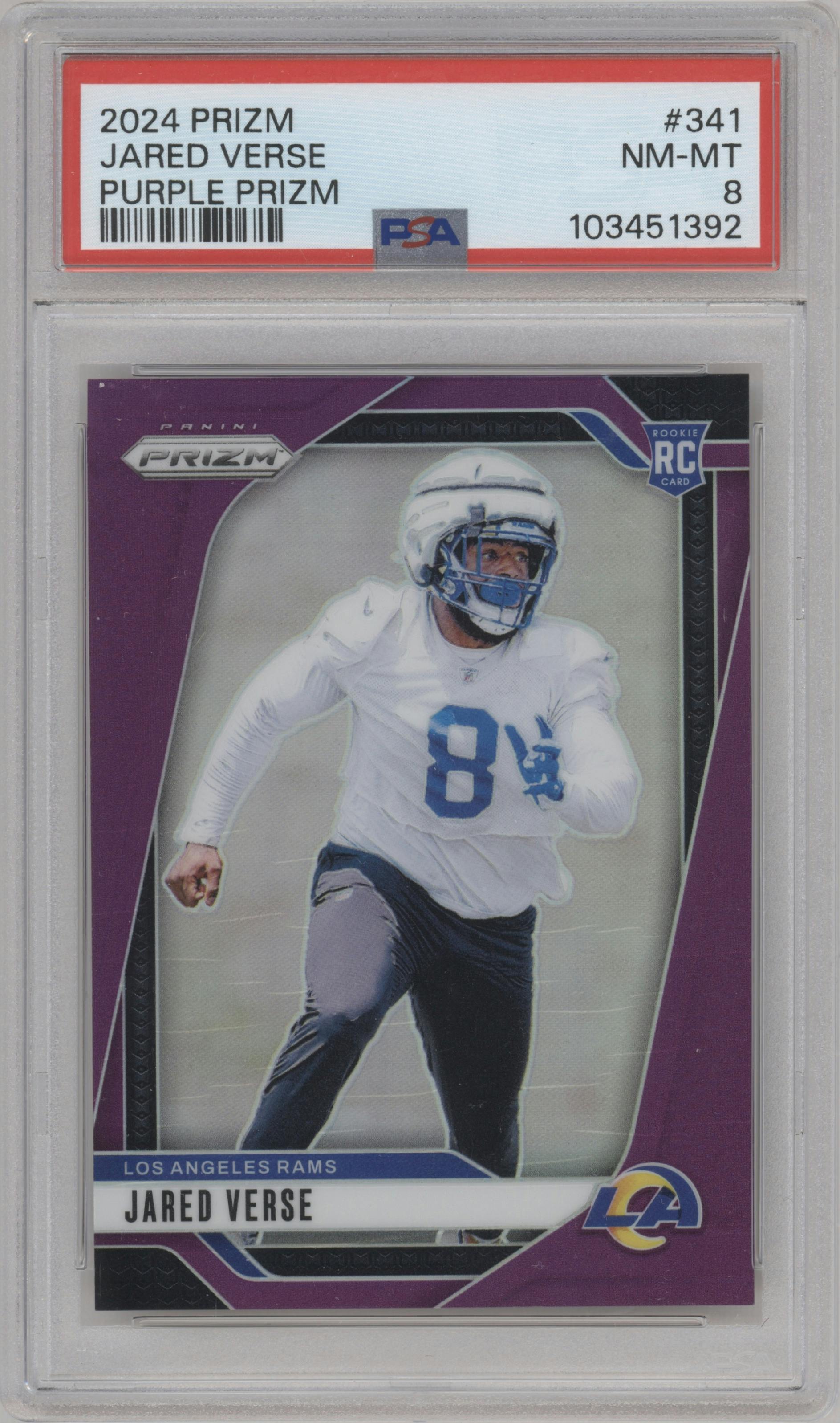 Jared Verse from the 2024 Panini Prizm set featuring a Purple Prizm parallel graded by PSA and given an overall grade of 8.
