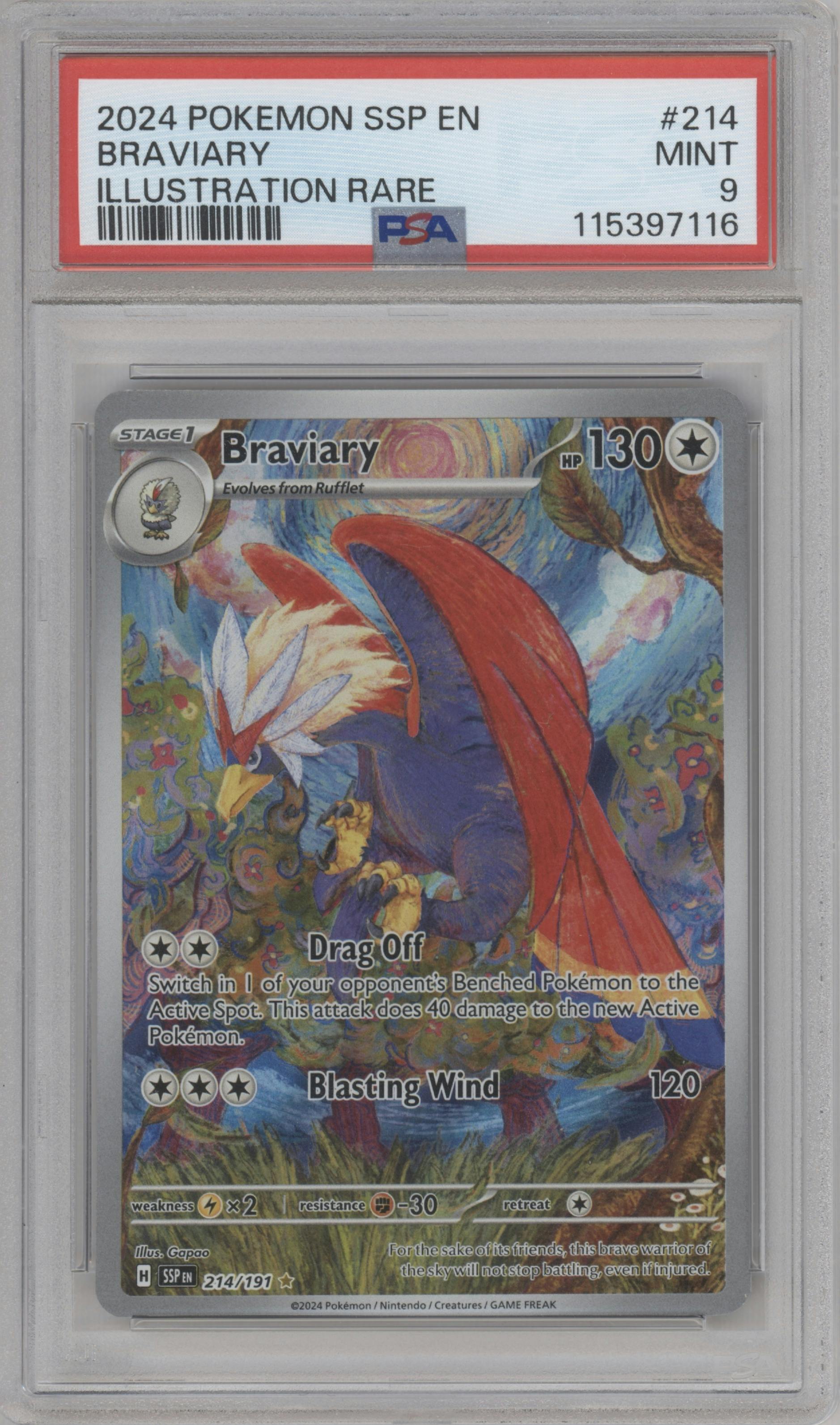 Braviary from the 2024 Pokemon SV set graded by PSA and given an overall grade of 9.