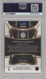 Tyrese Haliburton from the 2023-24 Panini Select  set featuring a Zebra Prizm parallel graded by PSA and given an overall grade of 10.