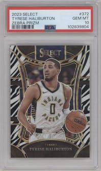 Tyrese Haliburton from the 2023-24 Panini Select  set featuring a Zebra Prizm parallel graded by PSA and given an overall grade of 10.