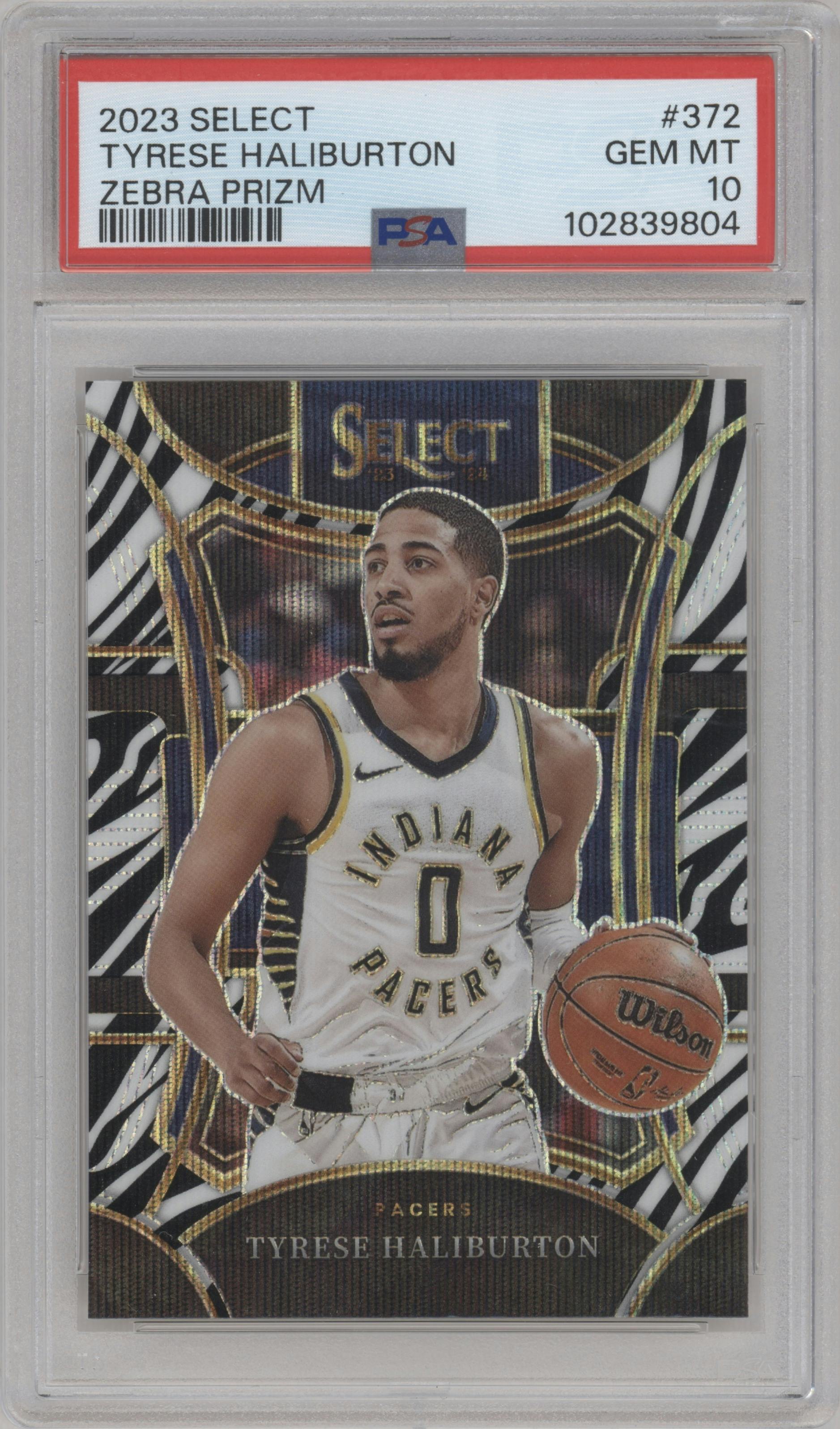 Tyrese Haliburton from the 2023-24 Panini Select  set featuring a Zebra Prizm parallel graded by PSA and given an overall grade of 10.