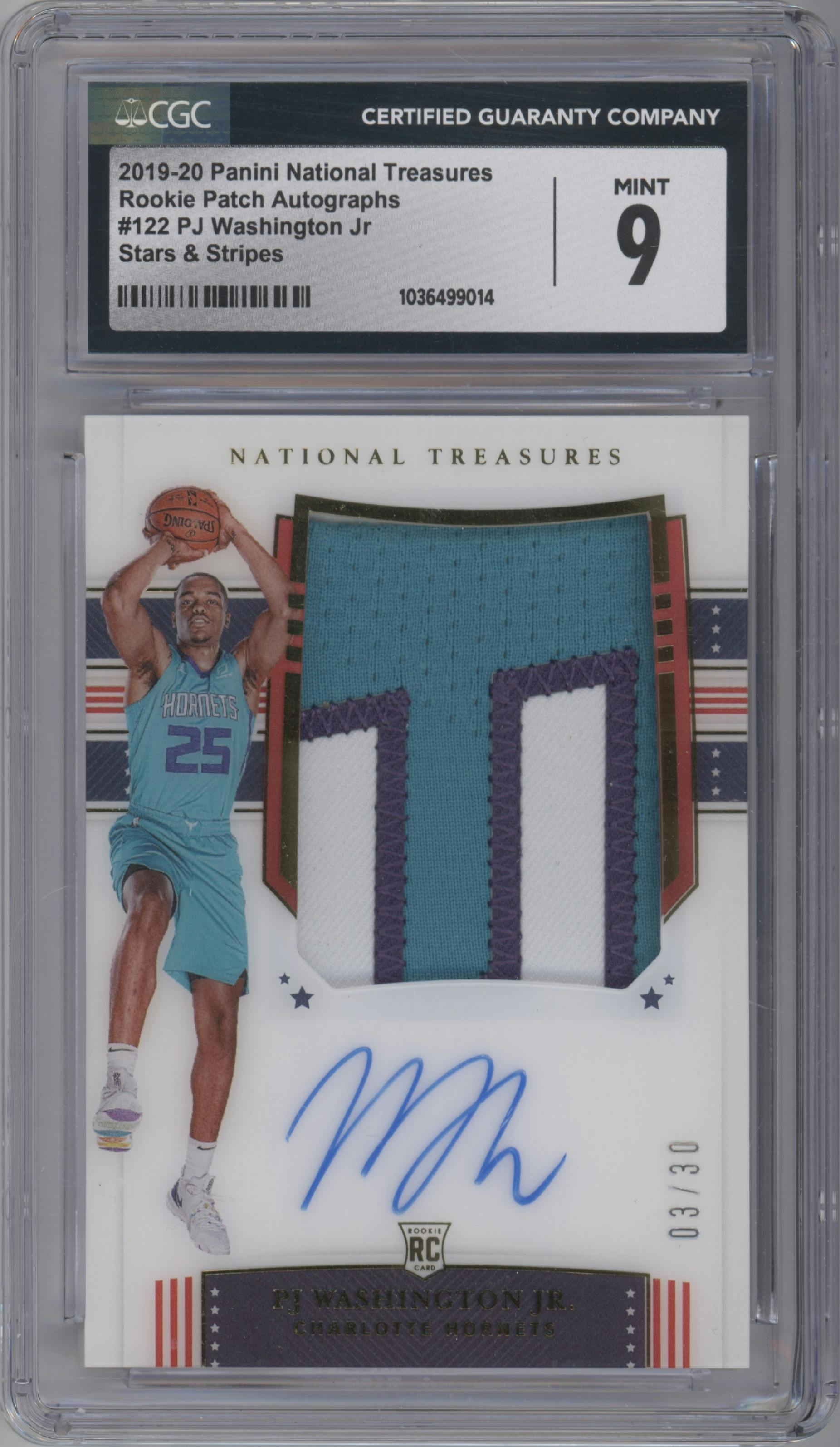 PJ Washington Jr. from the 2019-20 Panini National Treasures Basketball set featuring a FOTL Stars & Stripes parallel graded by CSG and given an overall grade of 9.