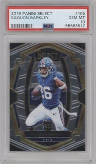 Saquon Barkley from the 2018 Panini Select set graded by PSA and given an overall grade of 10.