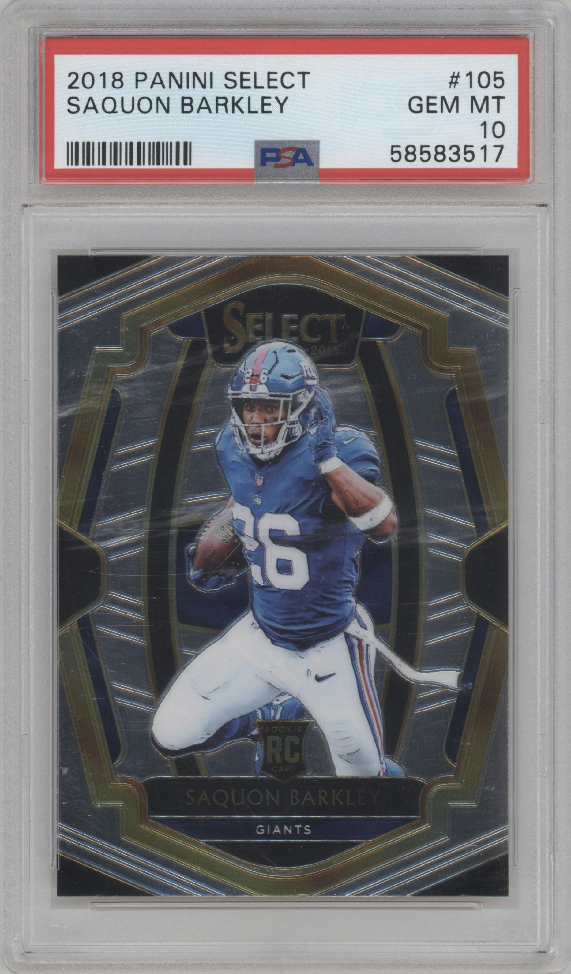 Saquon Barkley from the 2018 Panini Select set graded by PSA and given an overall grade of 10.