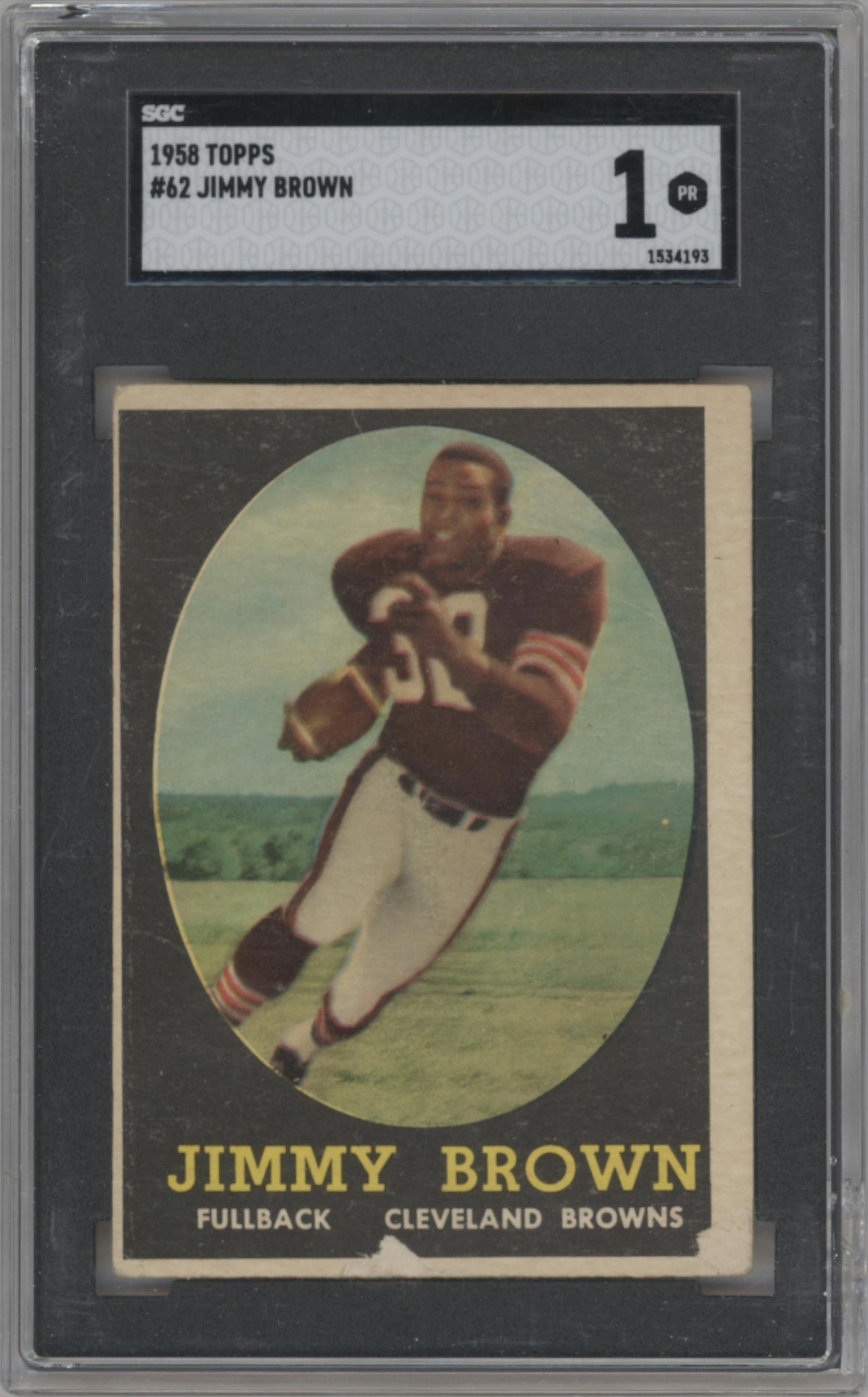 Jimmy Brown from the 1958 Topps set graded by SGC and given an overall grade of 1.