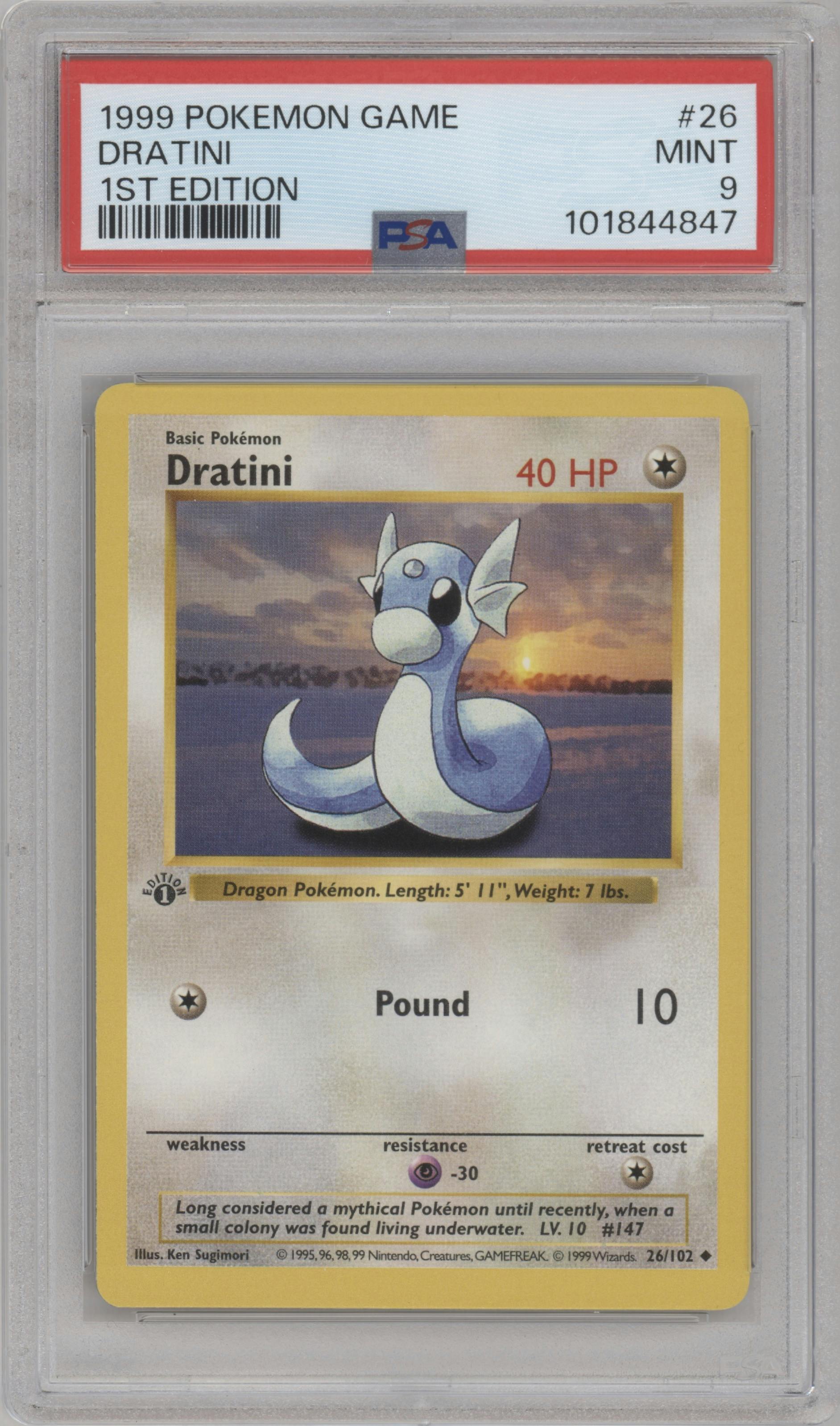 Dratini from the 1999 Pokemon set graded by PSA and given an overall grade of 9.