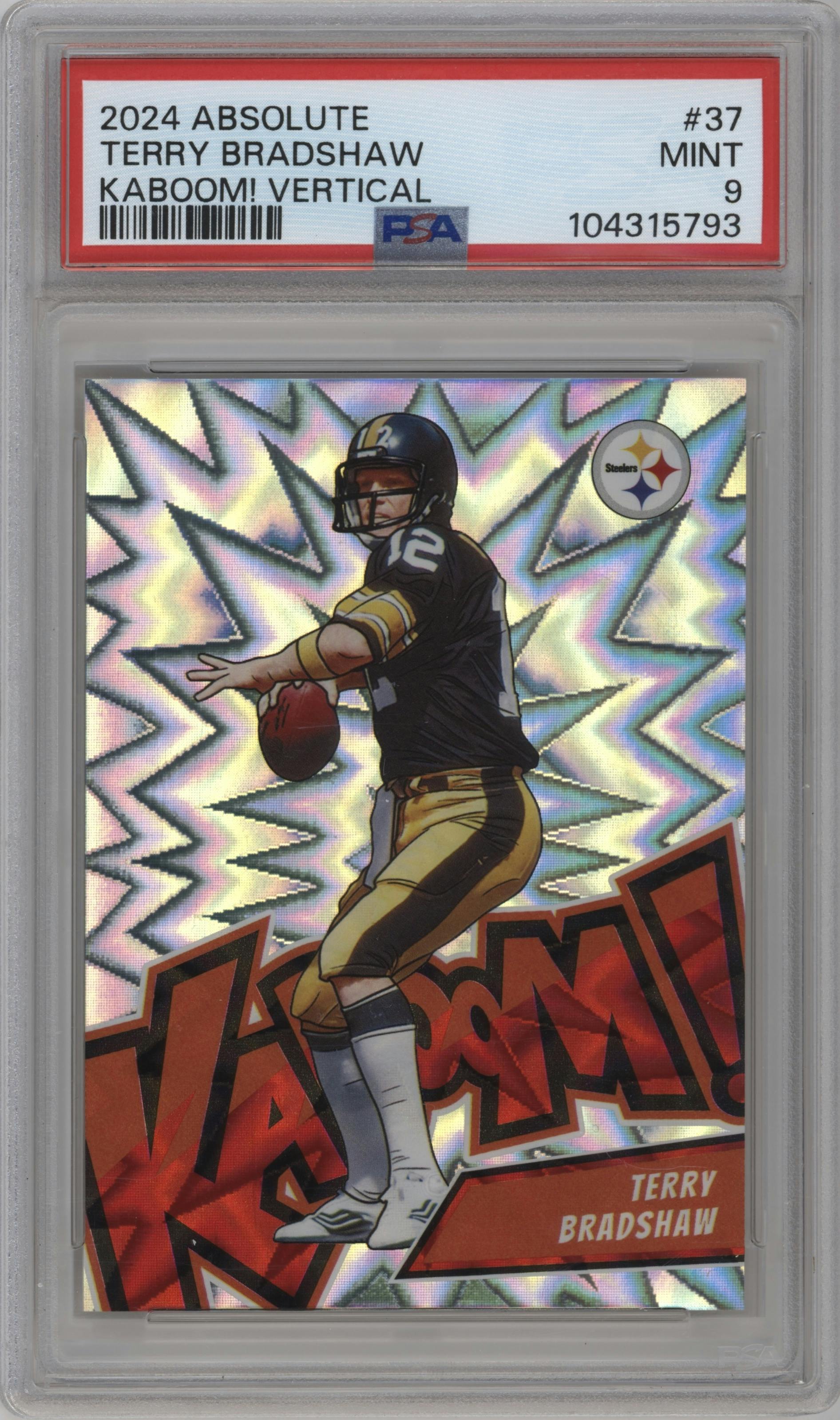 Terry Bradshaw from the 2024 Panini Absolute set graded by PSA and given an overall grade of 9.