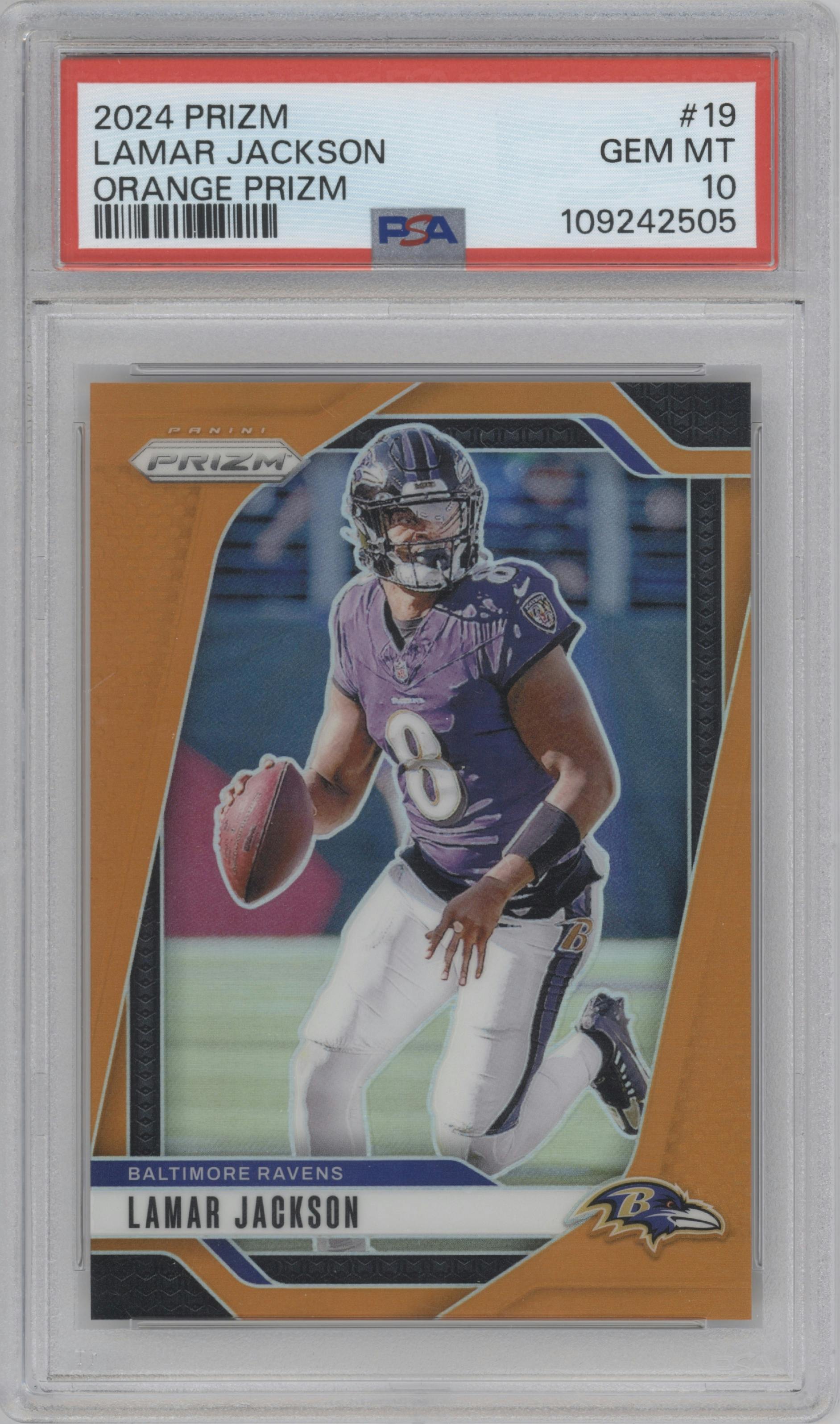 Lamar Jackson from the 2024 Panini Prizm set featuring a Orange Prizm parallel graded by PSA and given an overall grade of 10.