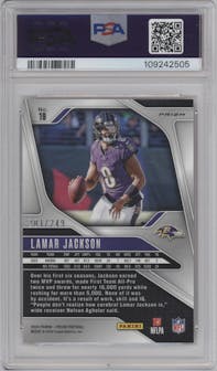Lamar Jackson from the 2024 Panini Prizm set featuring a Orange Prizm parallel graded by PSA and given an overall grade of 10.