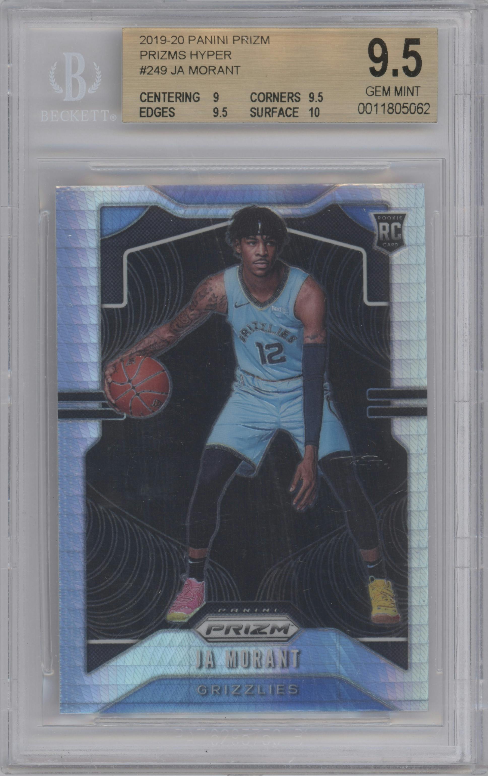 Ja Morant from the 2019-20 Panini Prizm set featuring a Hyper parallel graded by Beckett and given an overall grade of 9.5.