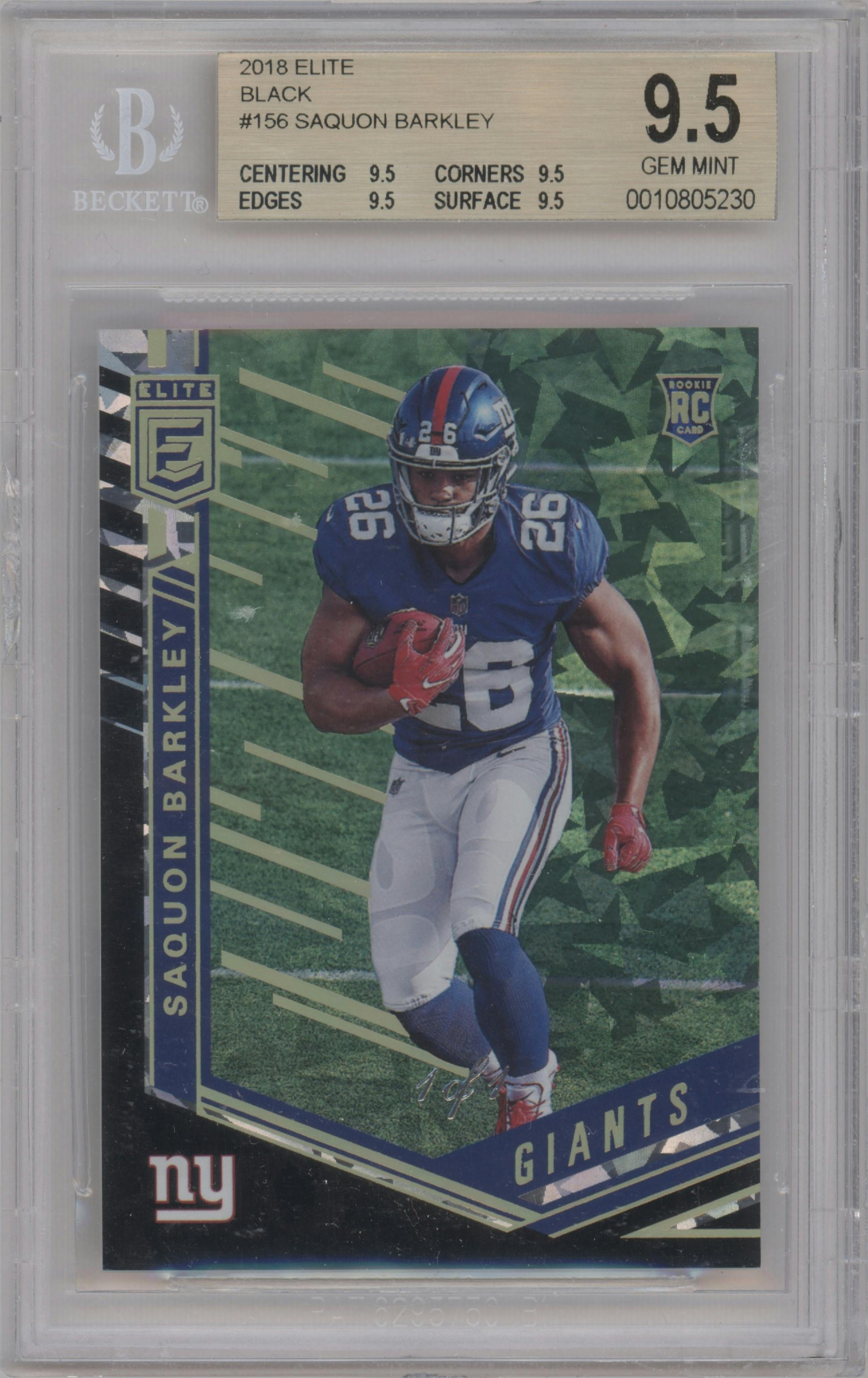 Saquon Barkley from the 2018 Panini Donruss Elite set featuring a Black parallel graded by Beckett and given an overall grade of 9.5.