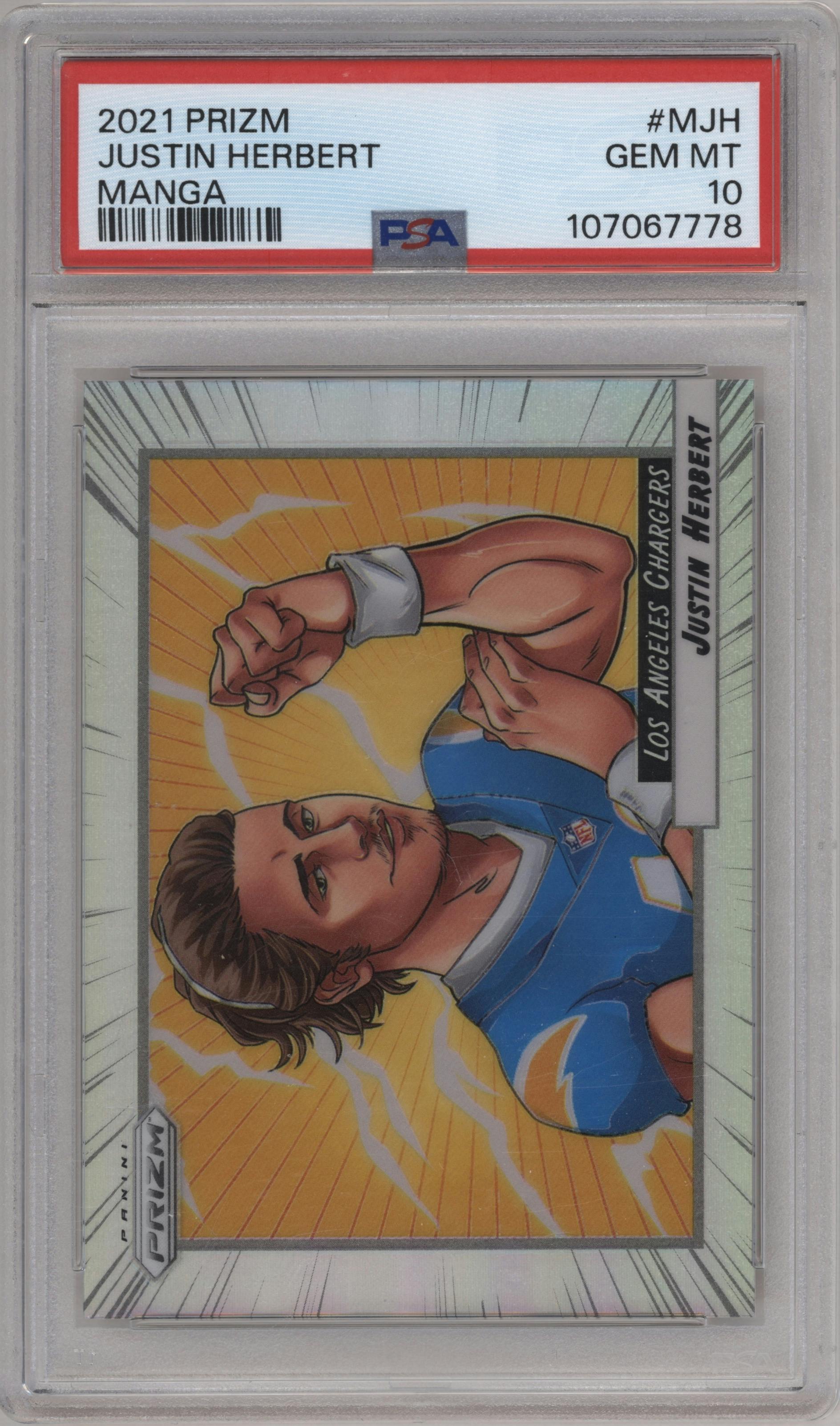 Justin Herbert from the 2021 Panini Prizm set graded by PSA and given an overall grade of 10.