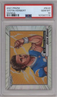 Justin Herbert from the 2021 Panini Prizm set graded by PSA and given an overall grade of 10.
