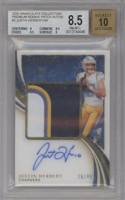 Justin Herbert from the 2020 Panini Immaculate Collection set graded by Beckett and given an overall grade of 8.5.