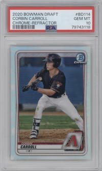 Corbin Carroll from the 2020 Bowman Draft set featuring a Refractor parallel graded by PSA and given an overall grade of 10.