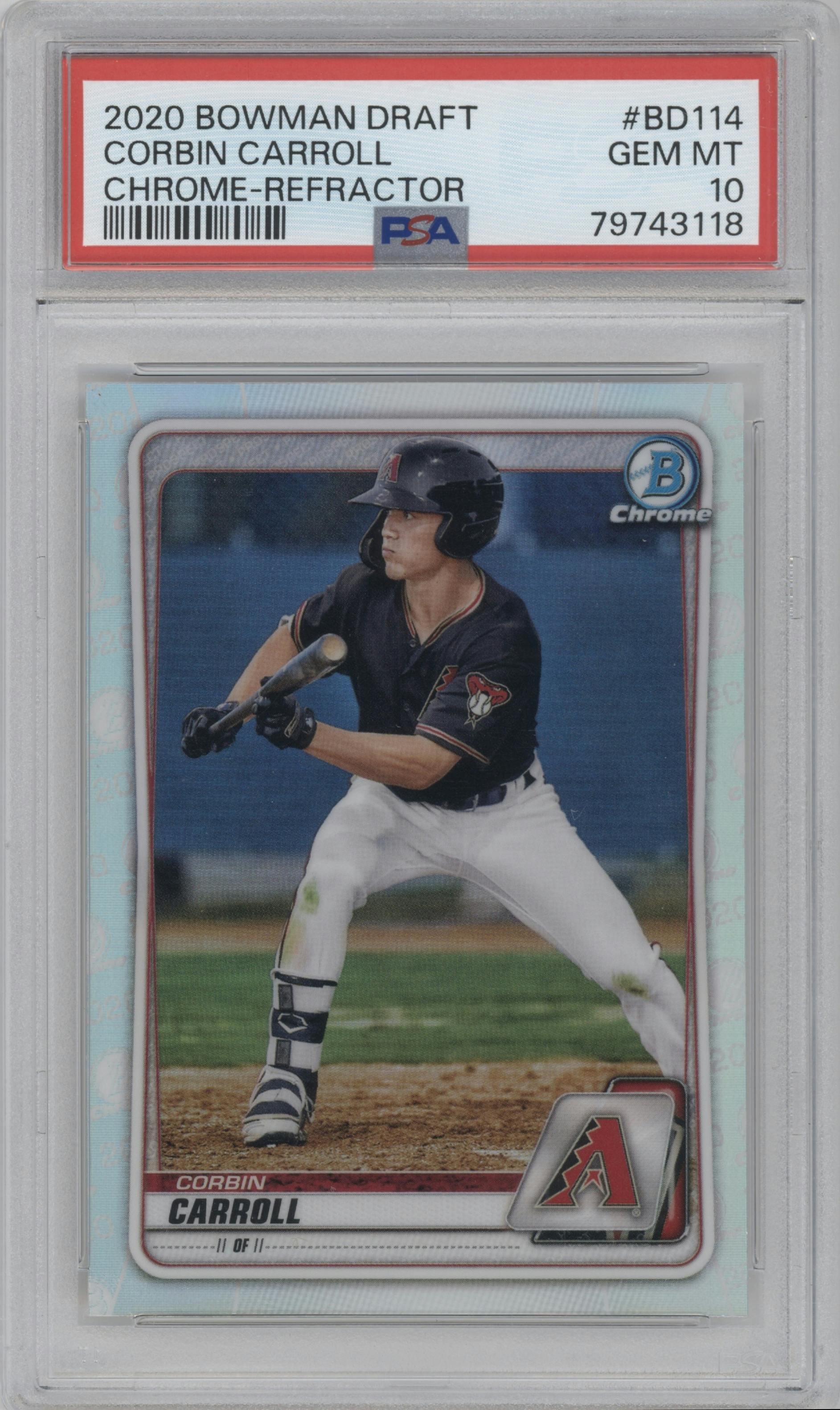 Corbin Carroll from the 2020 Bowman Draft set featuring a Refractor parallel graded by PSA and given an overall grade of 10.