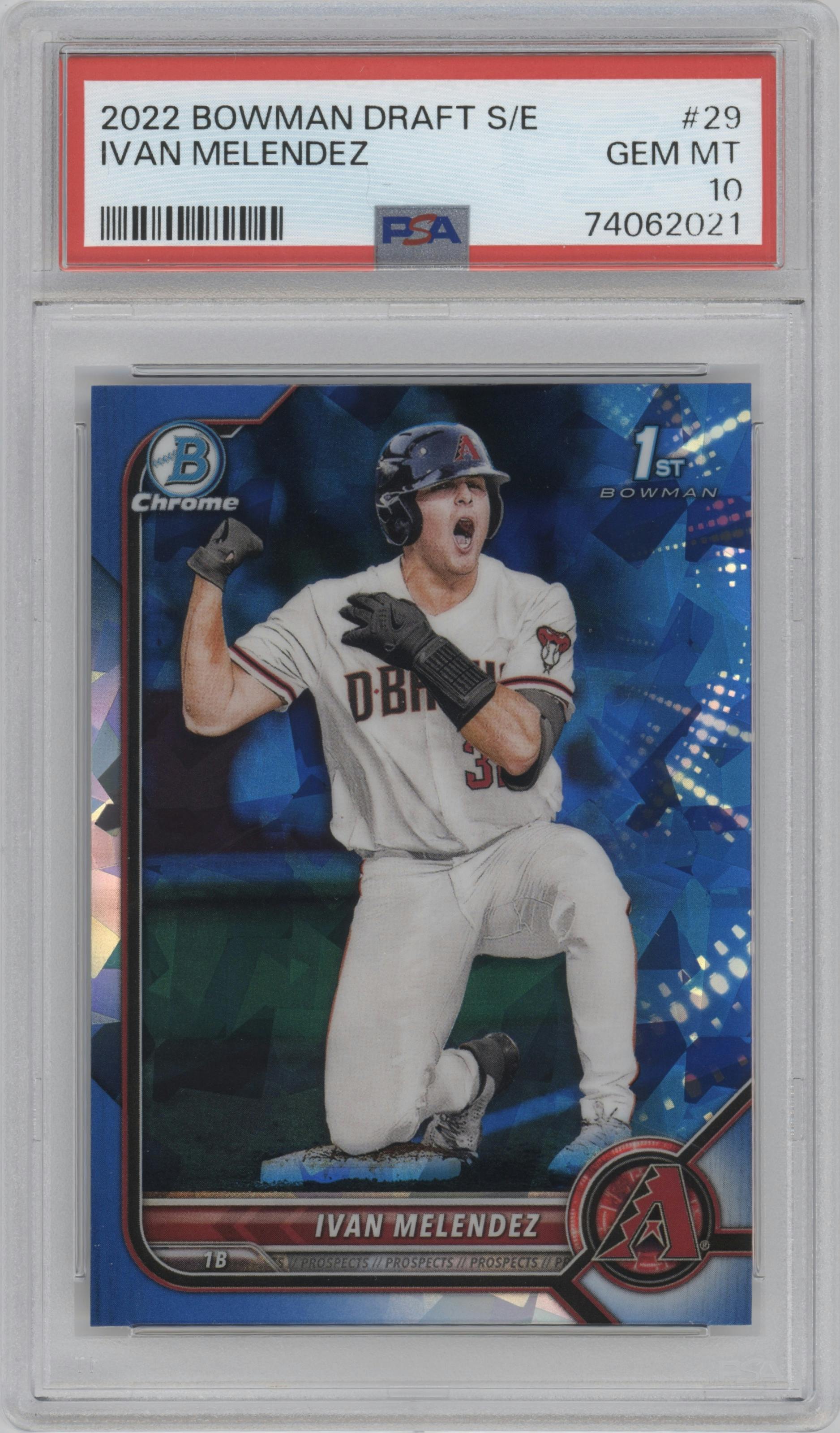 Ivan Melendez from the 2022 Bowman Draft Sapphire Edition set graded by PSA and given an overall grade of 10.
