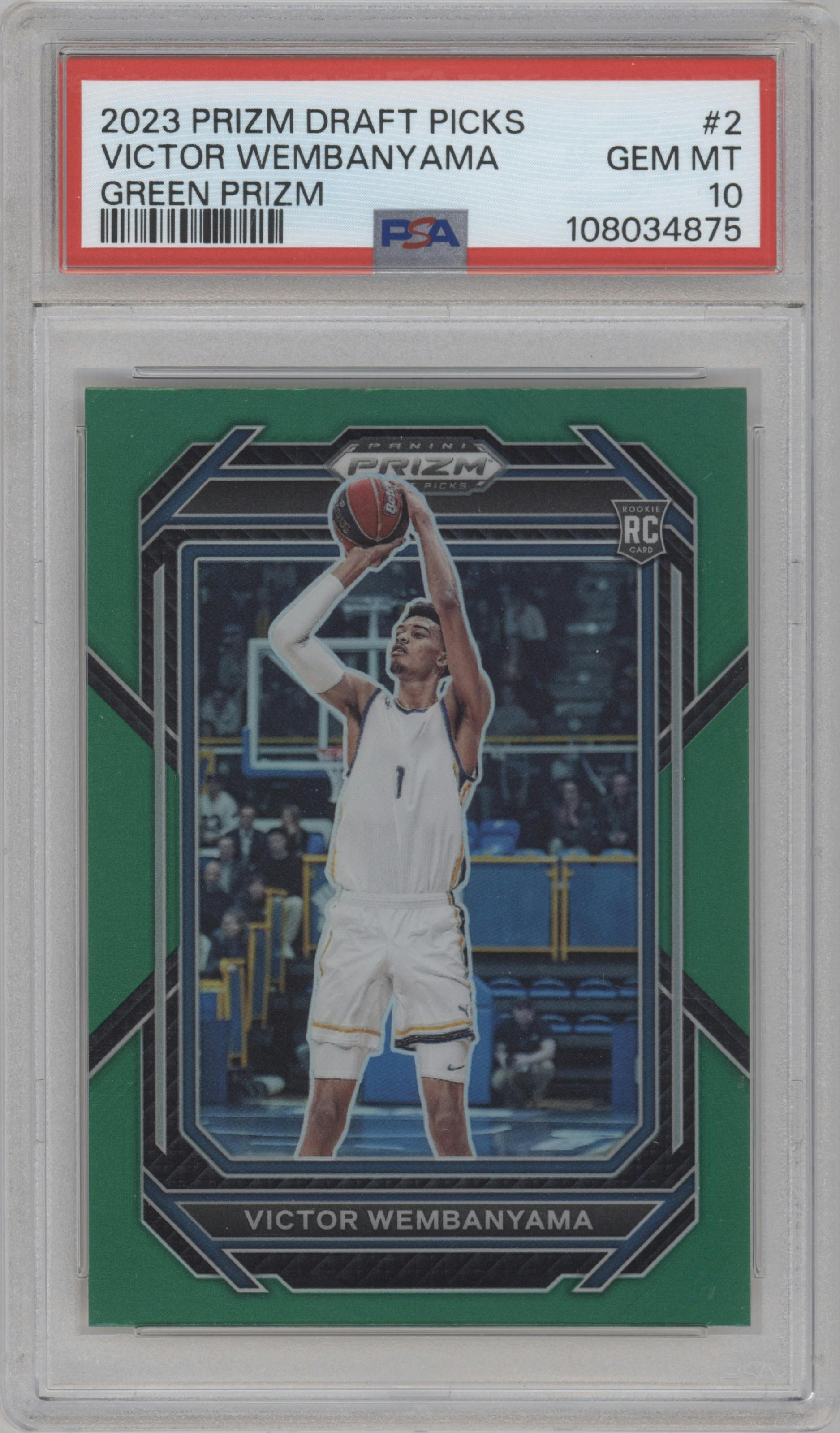 Victor Wembanyama from the 2023-24 Panini Prizm Draft Picks set featuring a Green Prizm parallel graded by PSA and given an overall grade of 10.