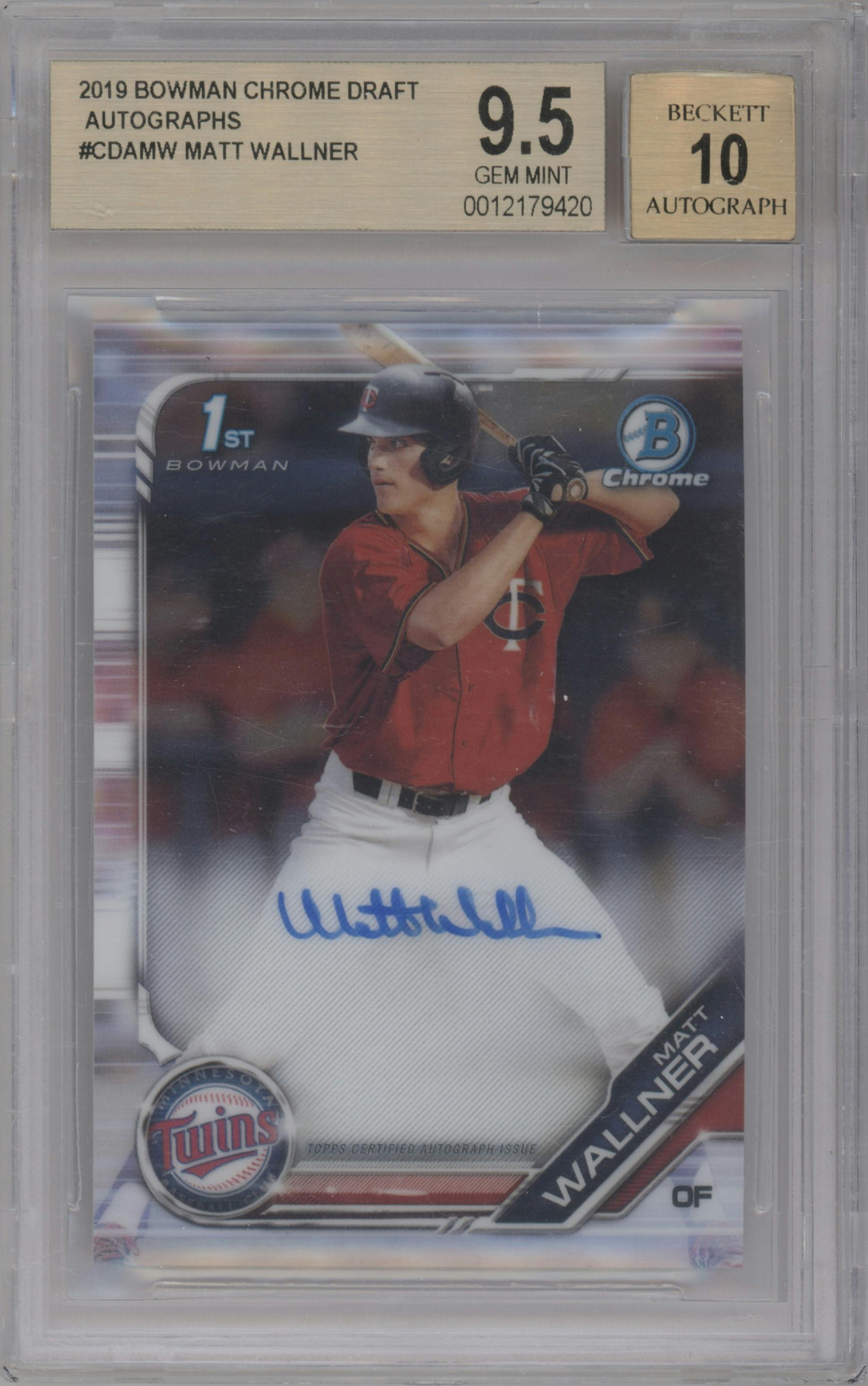 Matt Wallner from the 2019 Bowman Draft set graded by Beckett and given an overall grade of 9.5.