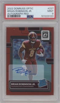 Brian Robinson Jr. from the 2022 Panini Donruss Optic set featuring a Red parallel graded by PSA and given an overall grade of 9.