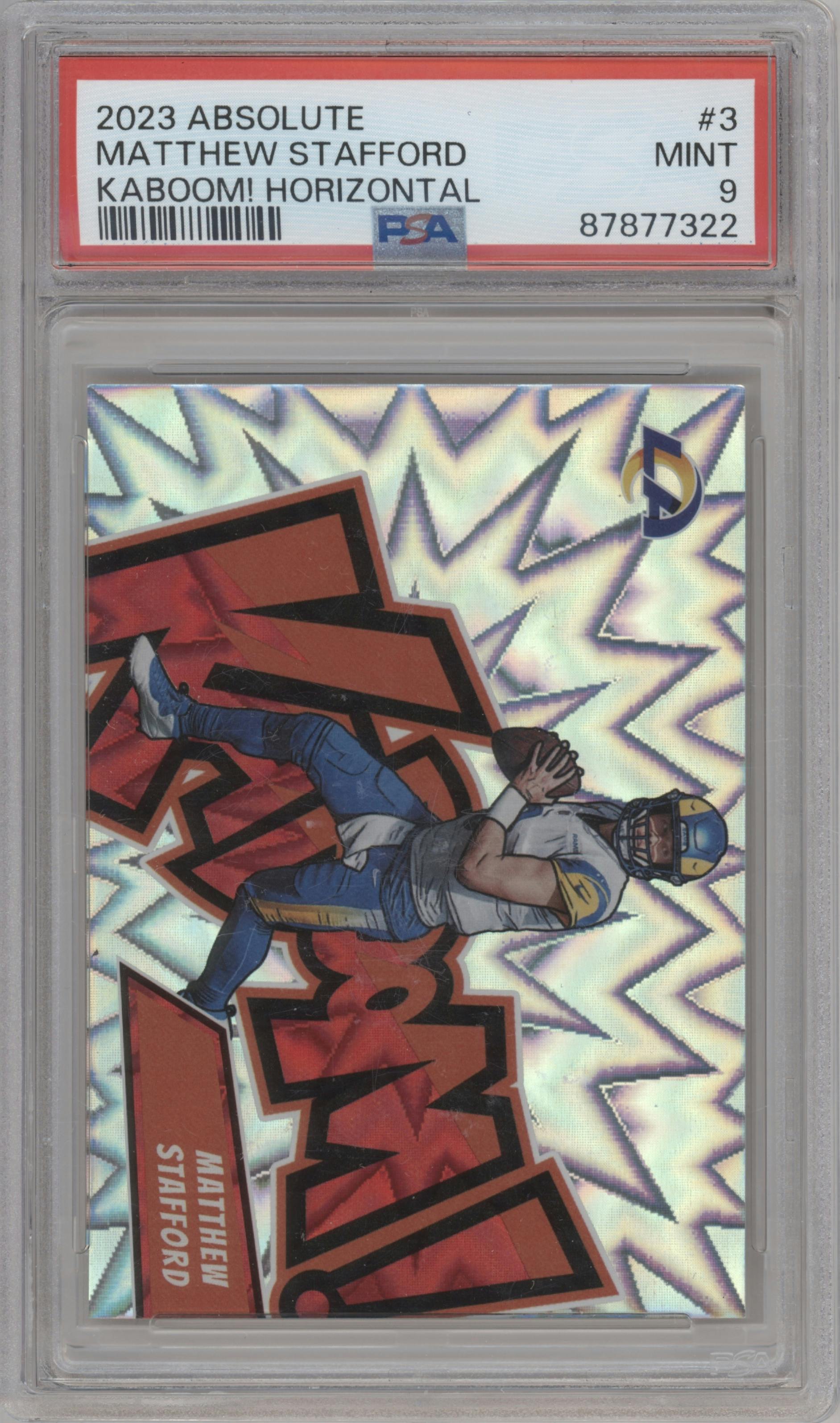 Matthew Stafford from the 2023 Panini Absolute set graded by PSA and given an overall grade of 9.
