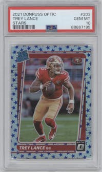 Trey Lance from the 2021 Panini Donruss Optic set featuring a Stars parallel graded by PSA and given an overall grade of 10.