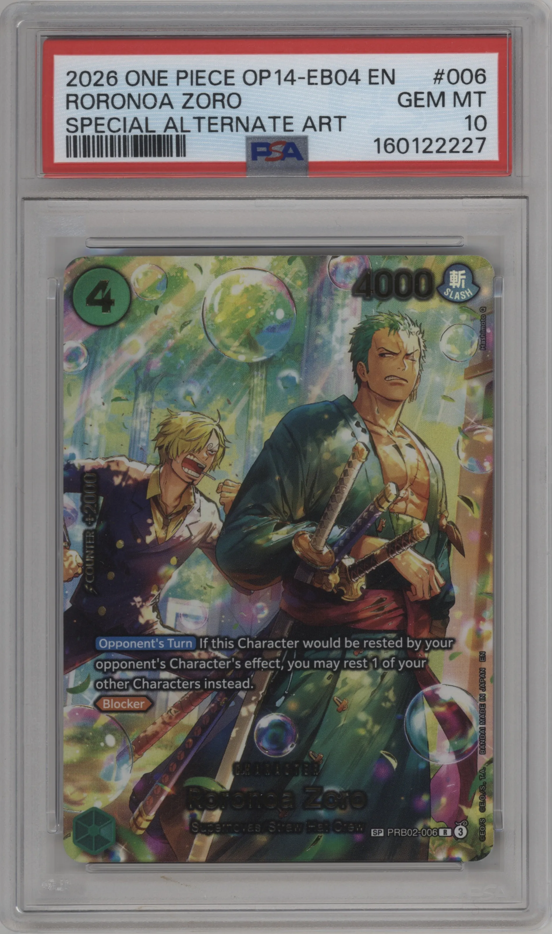 2026 One Piece The Azure Sea's Seven Roronoa Zoro Alternate Art PRB02-006 R #SP PRB02-006 R PSA 10