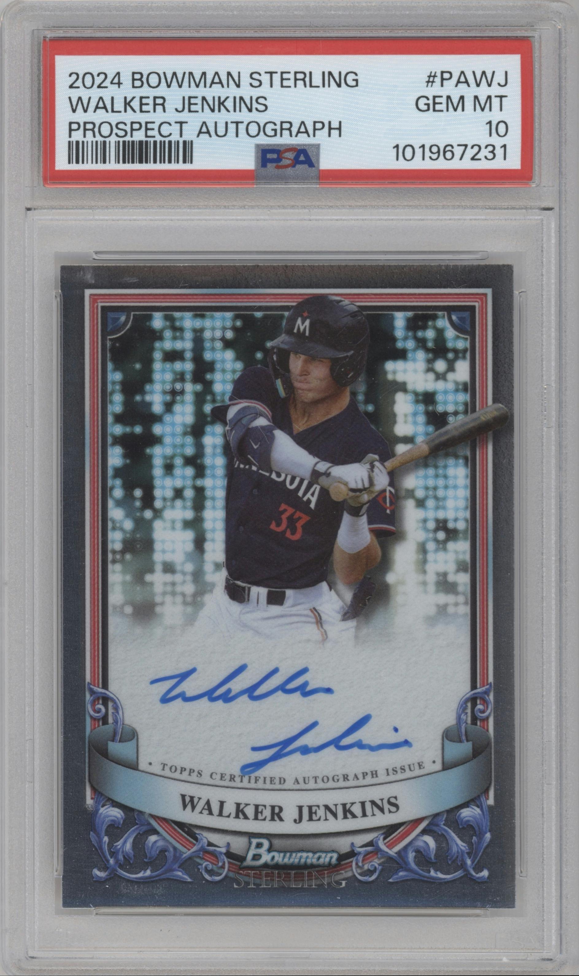 Walker Jenkins from the 2024 Bowman Sterling set graded by PSA and given an overall grade of 10.