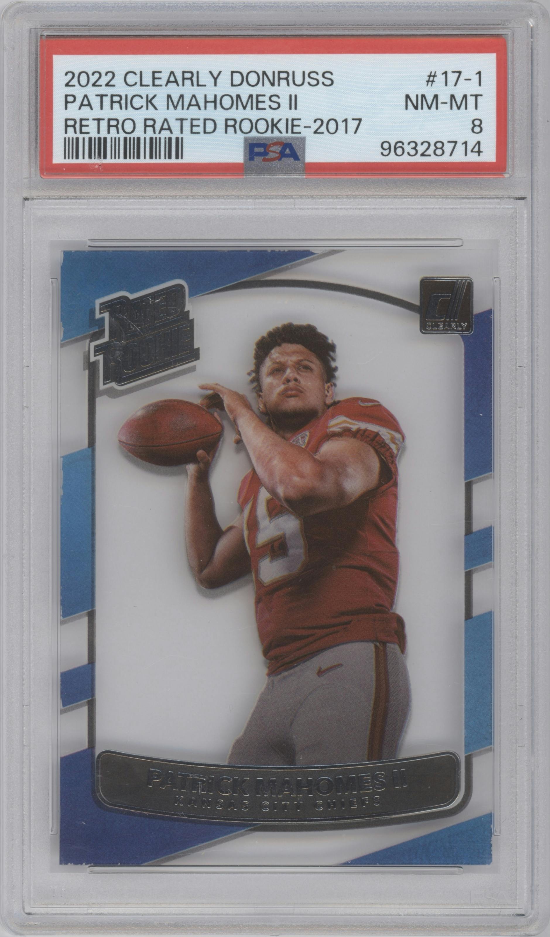 Patrick Mahomes II from the 2022 Clearly Donruss set graded by PSA and given an overall grade of 8.
