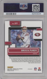 Brock Purdy from the 2022 Panini Donruss Optic set featuring a Purple Shock parallel graded by PSA and given an overall grade of 9.