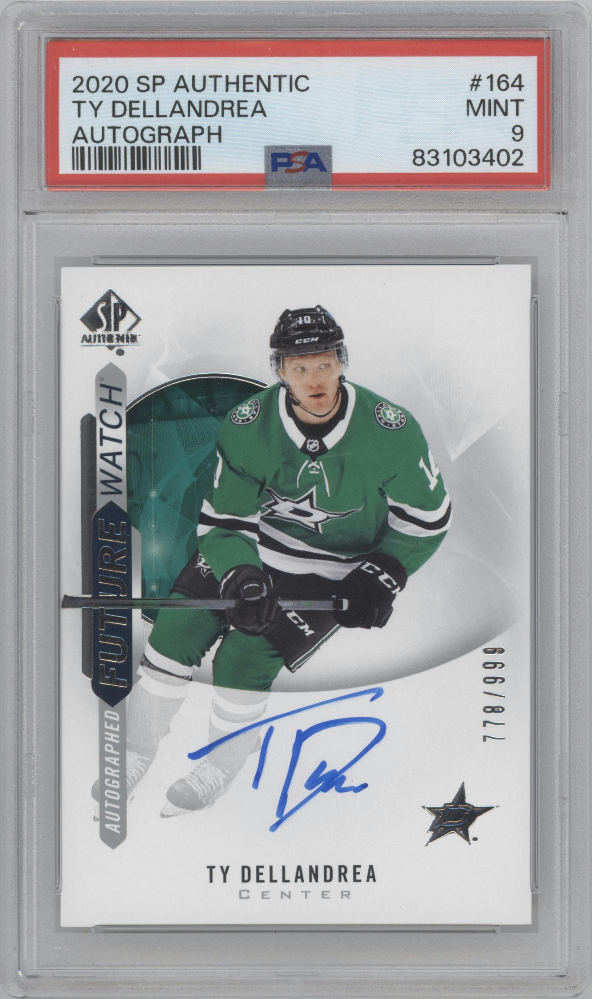 Ty Dellandrea from the 2020-21 SP Authentic set graded by PSA and given an overall grade of 9.