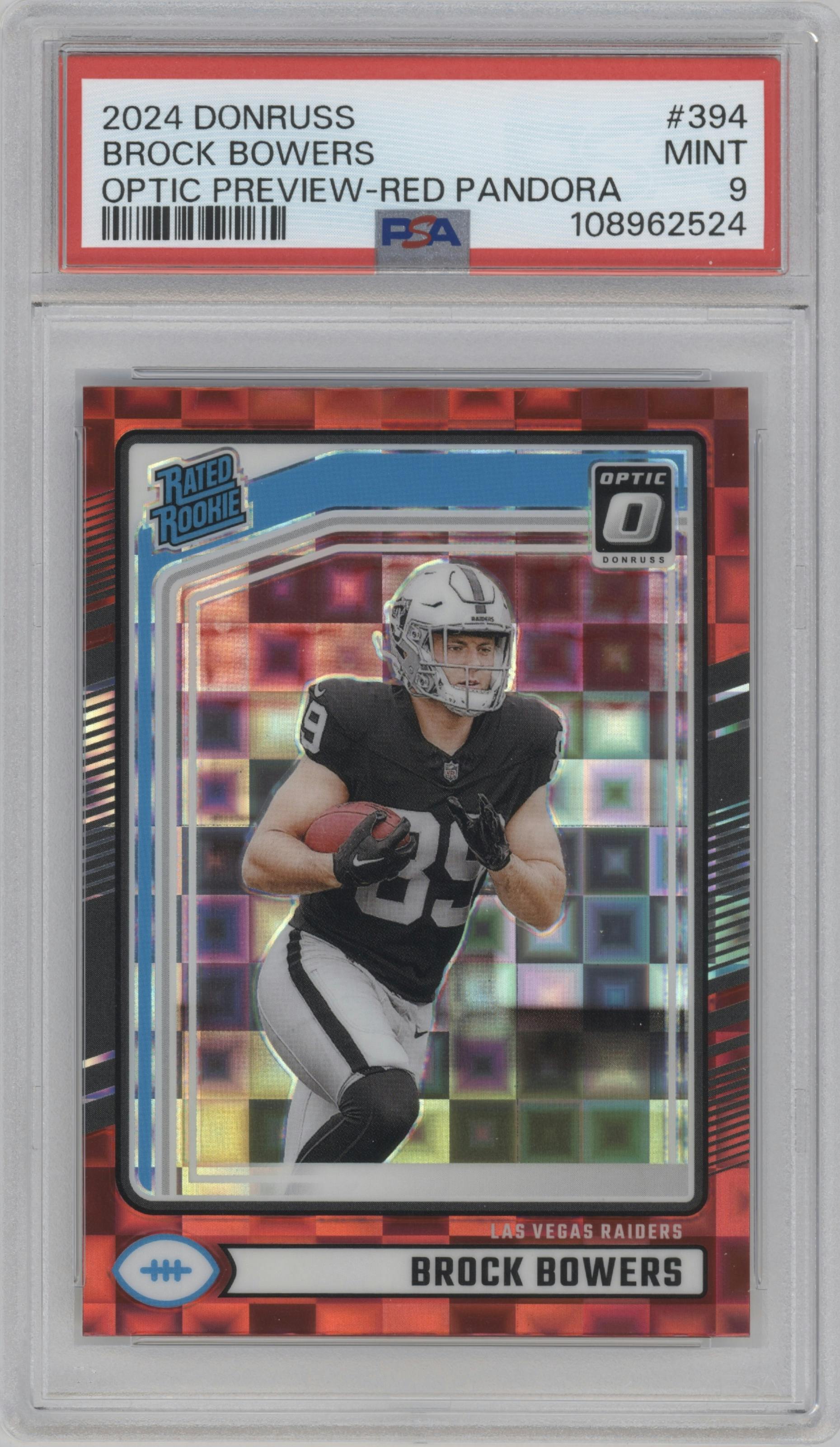 Brock Bowers from the 2024 Donruss set featuring a Red Pandora parallel graded by PSA and given an overall grade of 9.