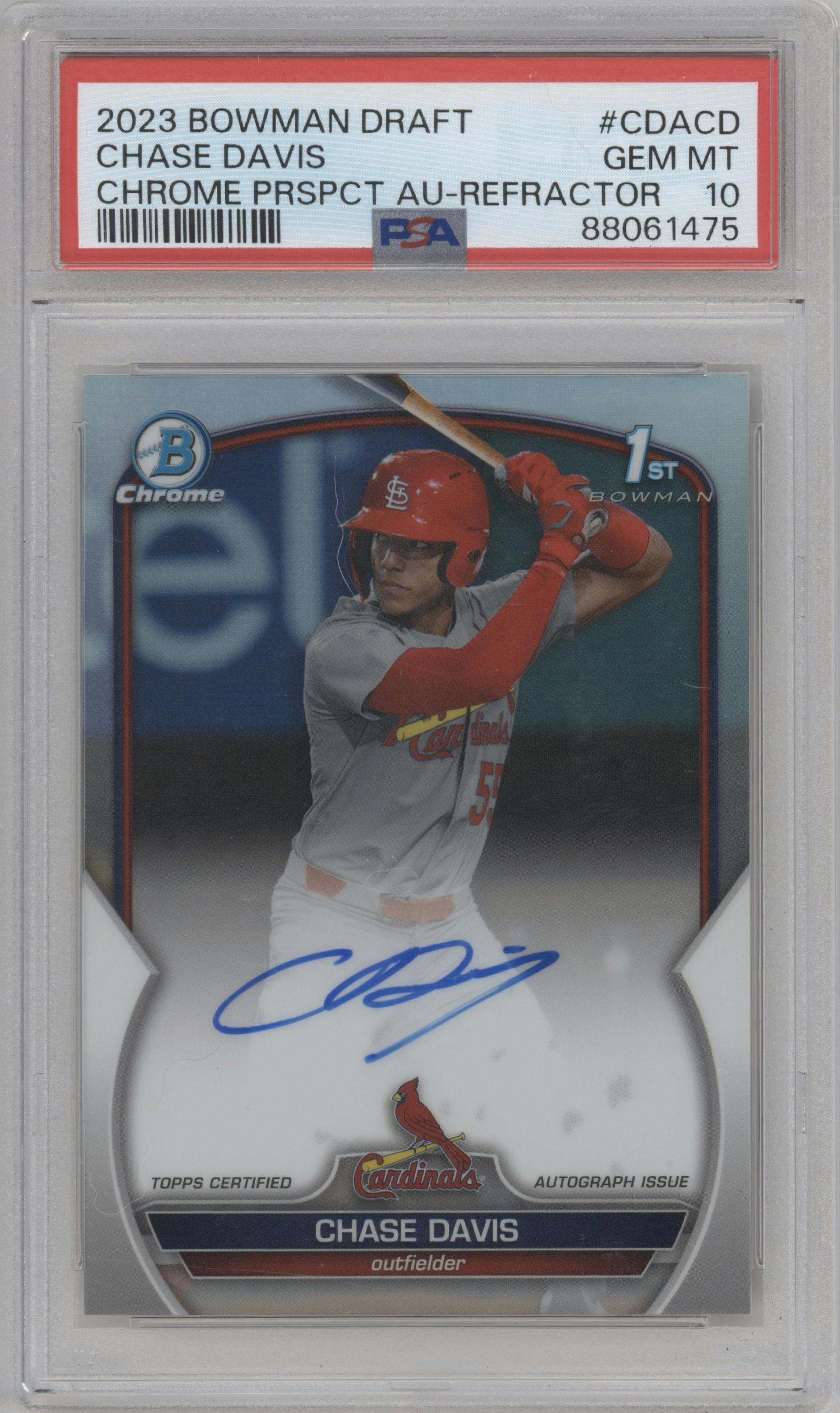 Chase Davis from the 2023 Bowman Draft set featuring a Refractor parallel graded by PSA and given an overall grade of 10.