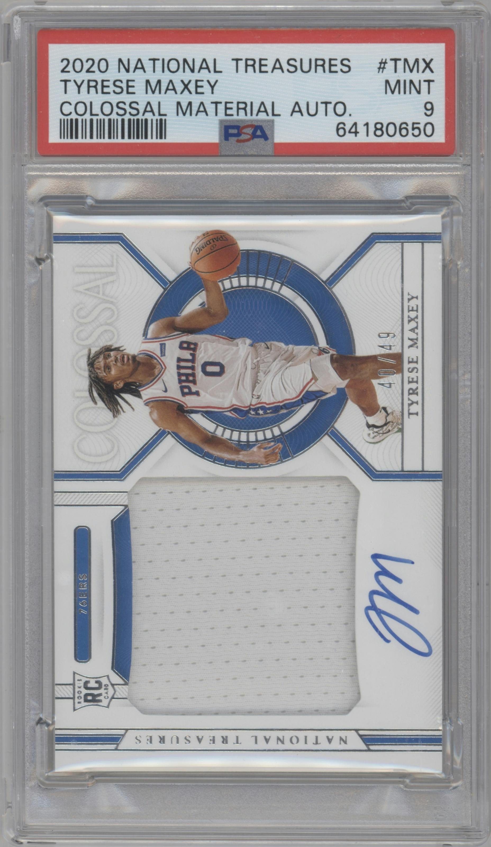 Tyrese Maxey from the 2020-21 Panini National Treasures set graded by PSA and given an overall grade of 9.