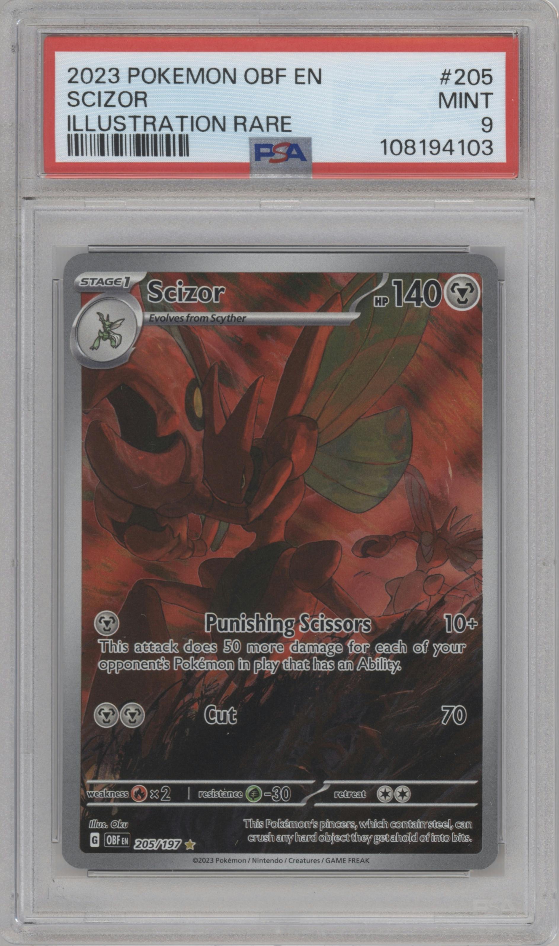 Scizor from the 2023 Pokemon SV set graded by PSA and given an overall grade of 9.