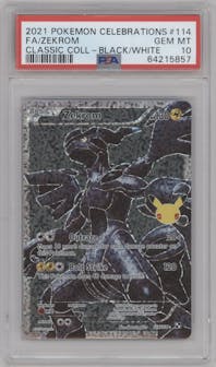 Zekrom from the 2021 Pokemon SWSH set featuring a Black & White parallel graded by PSA and given an overall grade of 10.