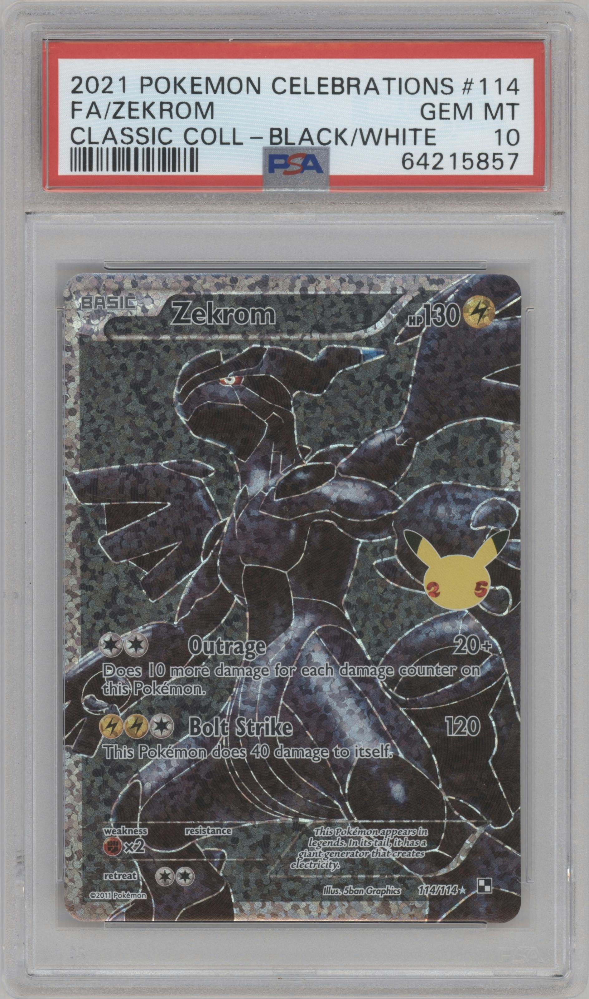 Zekrom from the 2021 Pokemon SWSH set featuring a Black & White parallel graded by PSA and given an overall grade of 10.