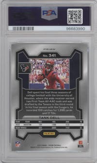 Tank Dell from the 2023 Panini Prizm set featuring a Green Prizm parallel graded by PSA and given an overall grade of 10.