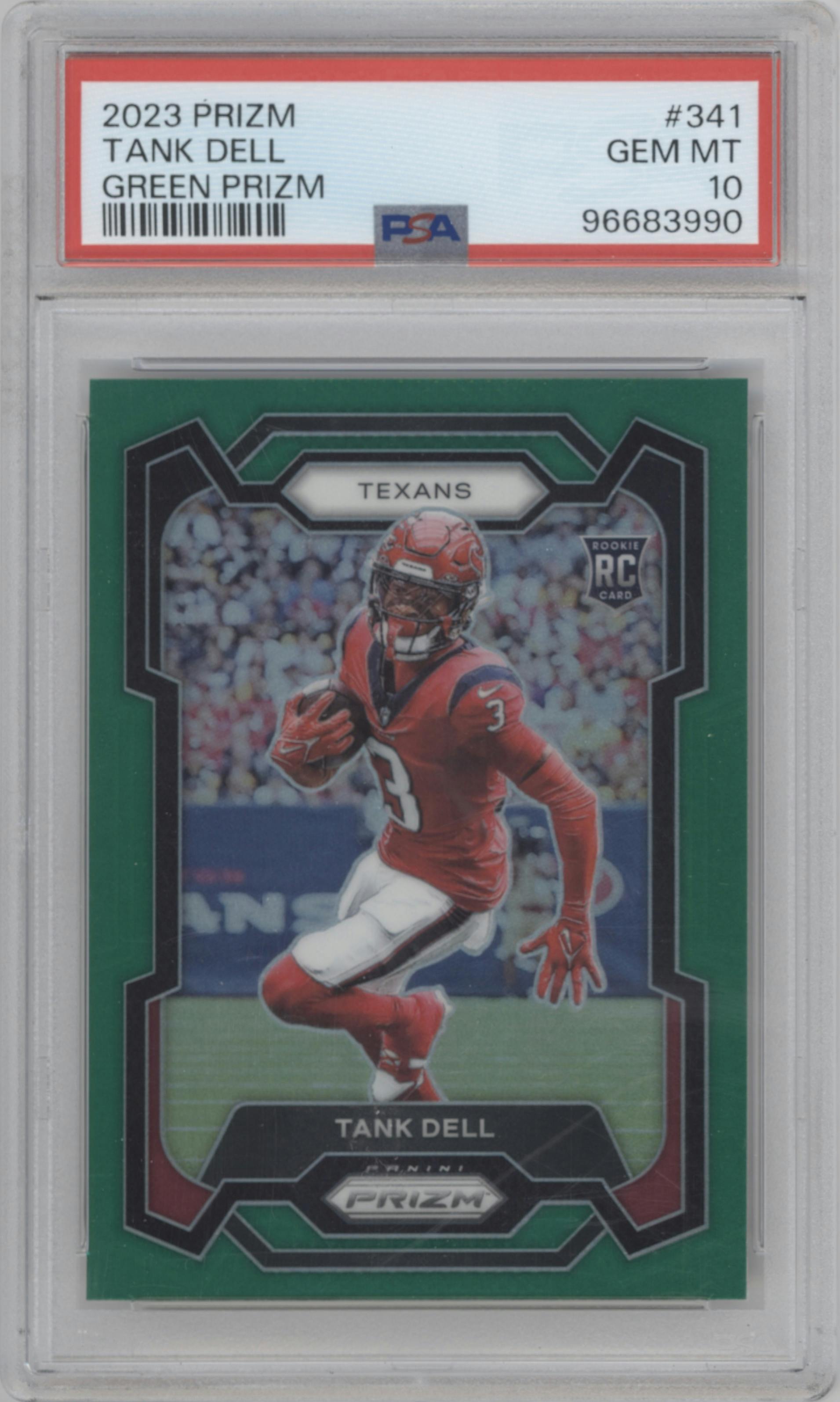 Tank Dell from the 2023 Panini Prizm set featuring a Green Prizm parallel graded by PSA and given an overall grade of 10.