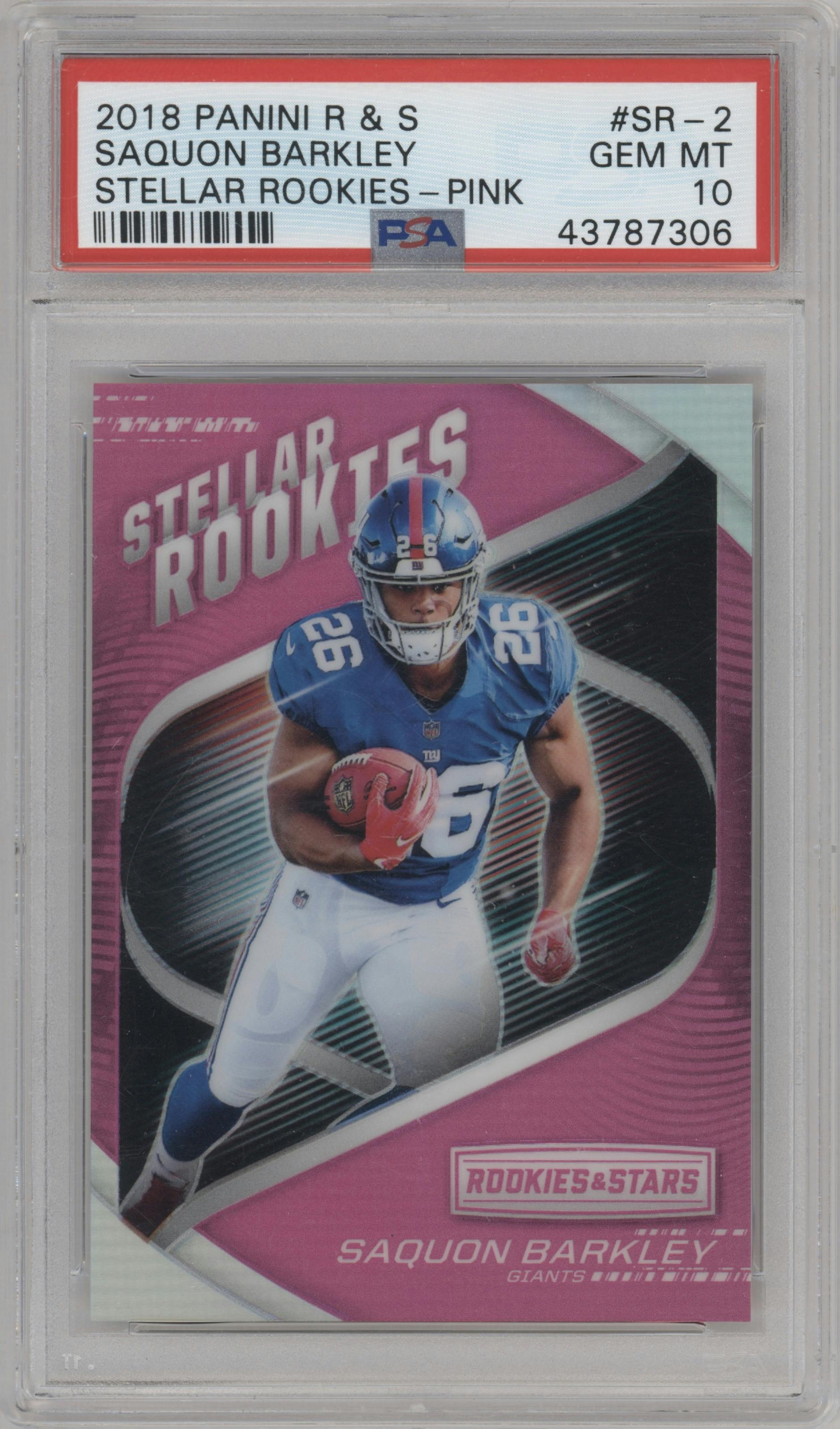 Saquon Barkley from the 2018 Panini Rookies & Stars set featuring a Pink parallel graded by PSA and given an overall grade of 10.