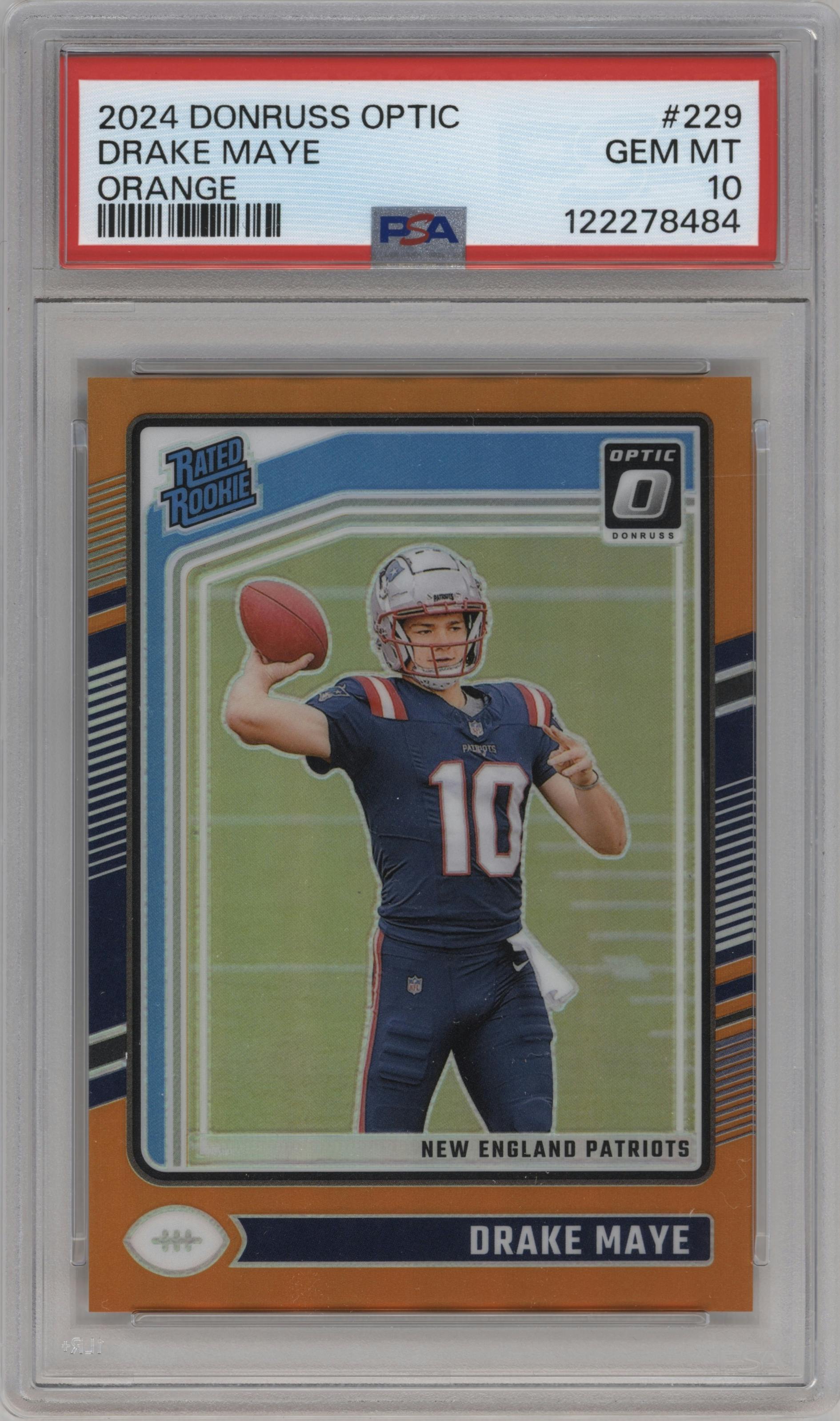 Drake Maye from the 2024 Donruss Optic set featuring a Orange parallel graded by PSA and given an overall grade of 10.