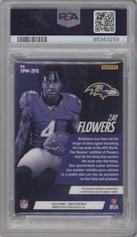 Zay Flowers from the 2023 Panini Zenith set featuring a Prime parallel graded by PSA and given an overall grade of 6.