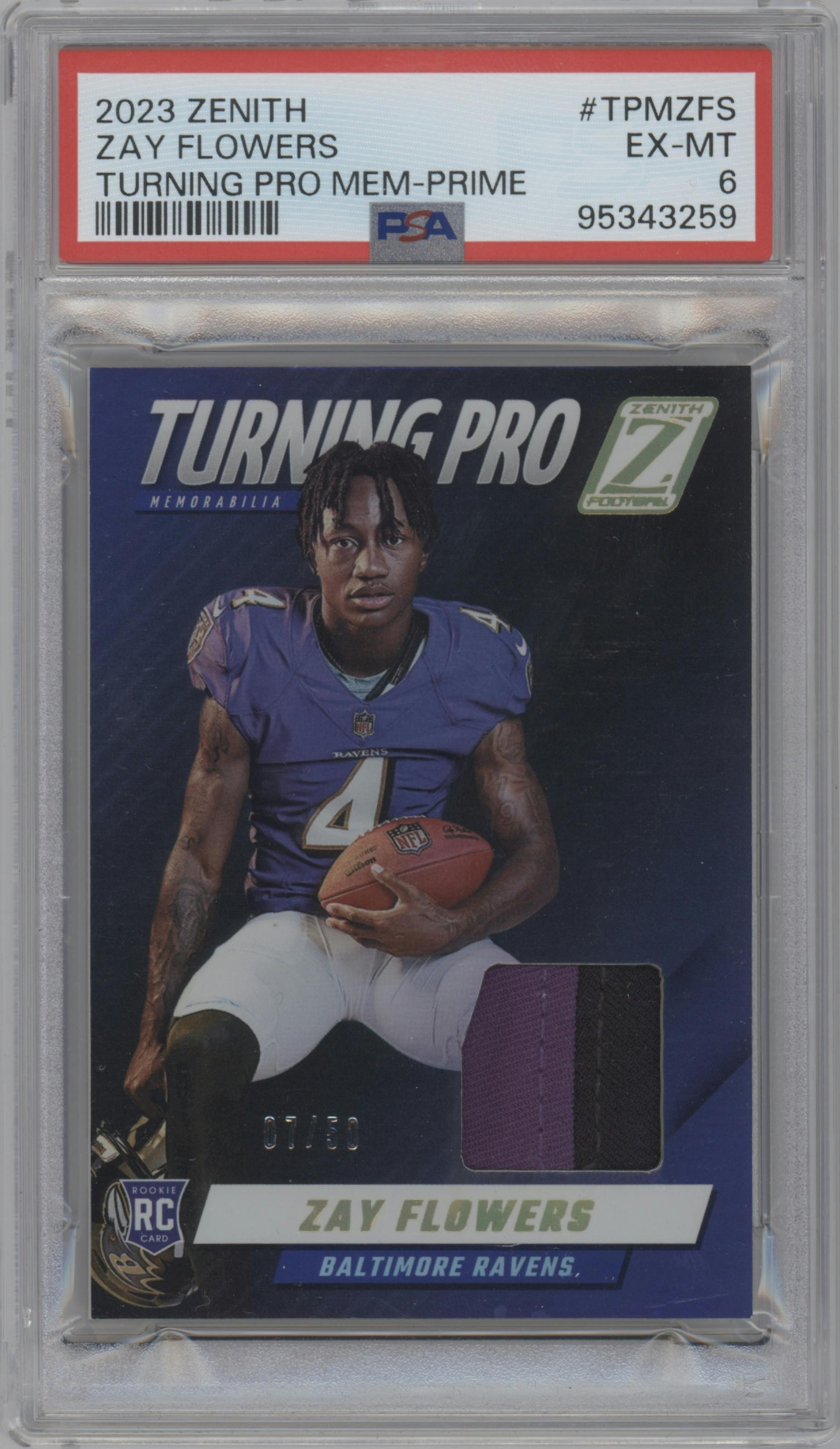 Zay Flowers from the 2023 Panini Zenith set featuring a Prime parallel graded by PSA and given an overall grade of 6.