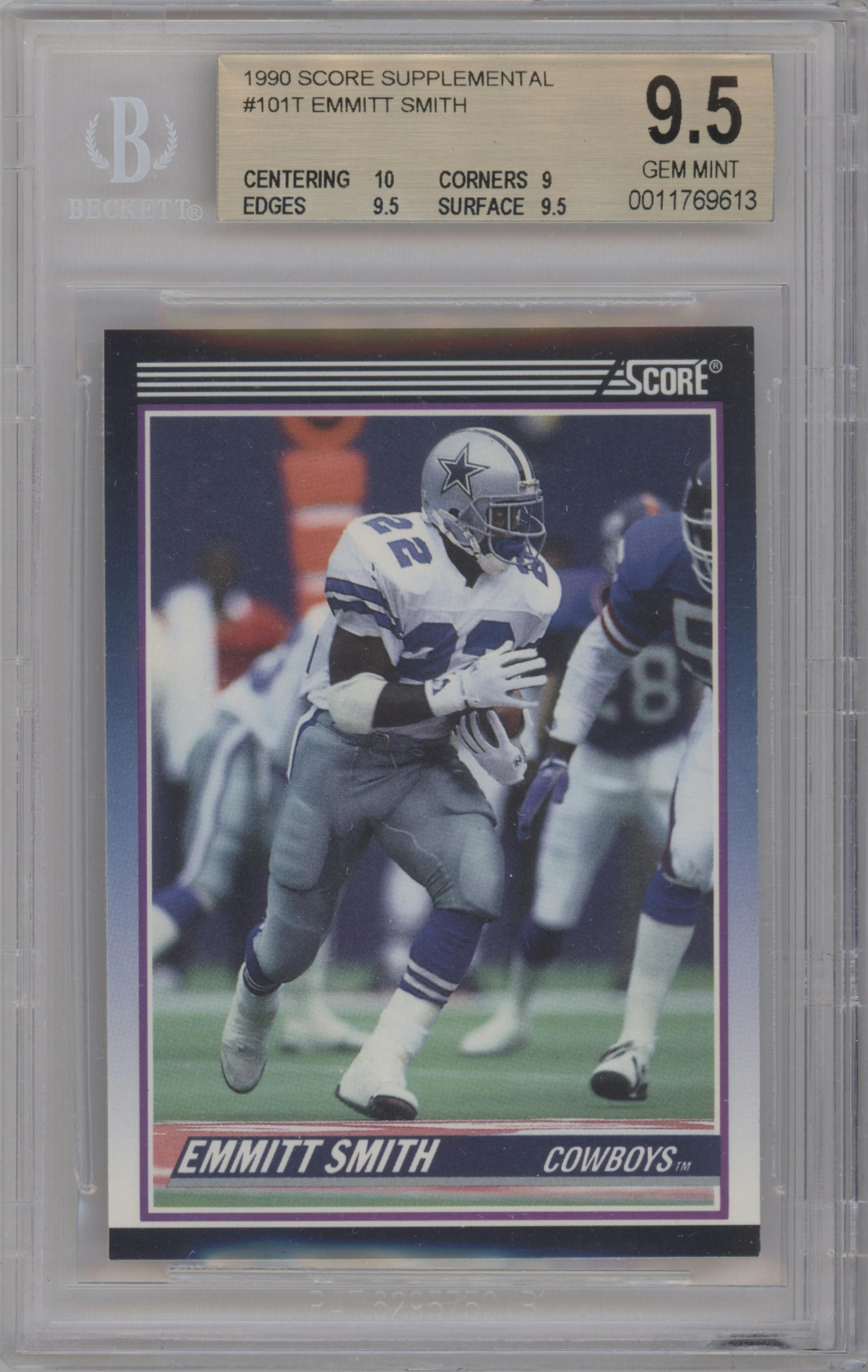 Emmitt Smith from the 1990 Score set graded by Beckett and given an overall grade of 9.5.