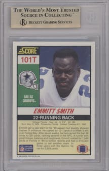 Emmitt Smith from the 1990 Score set graded by Beckett and given an overall grade of 9.5.