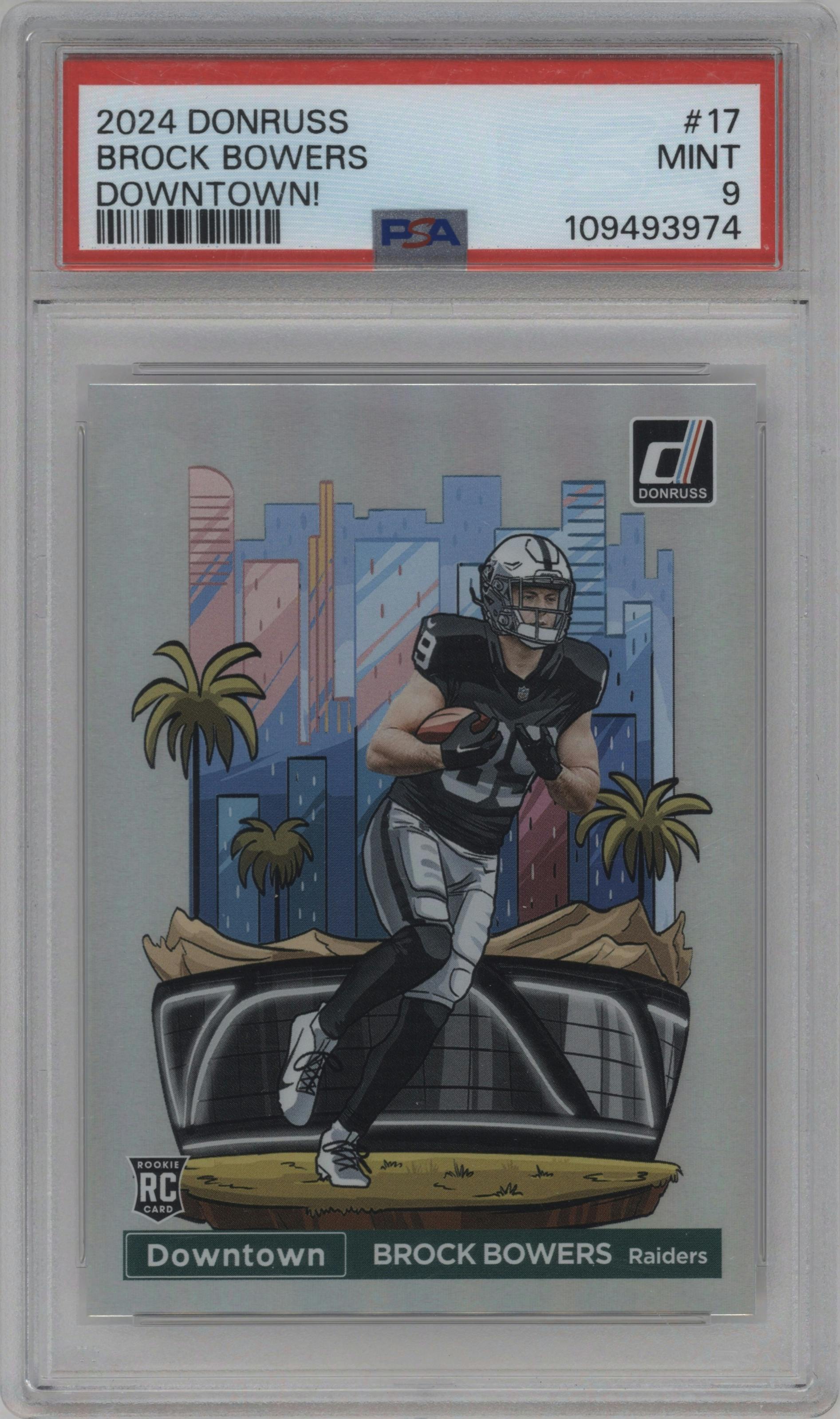 Brock Bowers from the 2024 Donruss set graded by PSA and given an overall grade of 9.