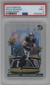 Brock Bowers from the 2024 Donruss set graded by PSA and given an overall grade of 9.